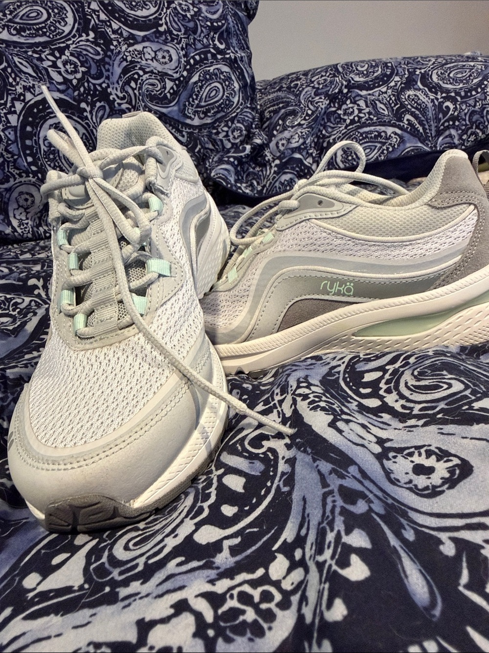 Ryka Women's Light Gray and Mint Mesh Walking Sneakers